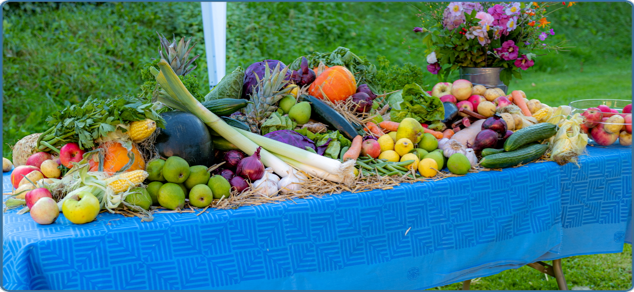 Høstbord dækket med frugt og grønt
